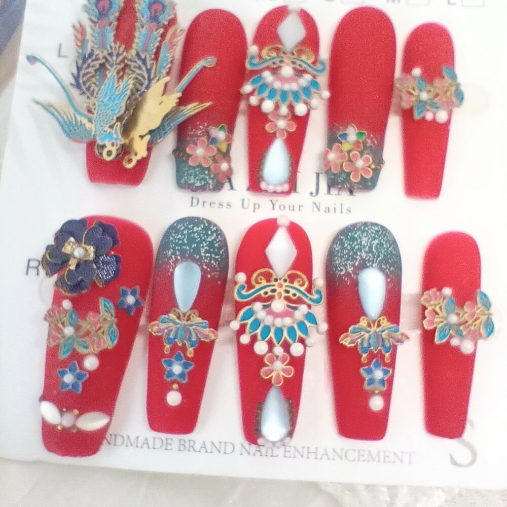High Quality Hand Made Red Chinese Wedding Press On Nails long Coffin Size S - Picture 2 of 3